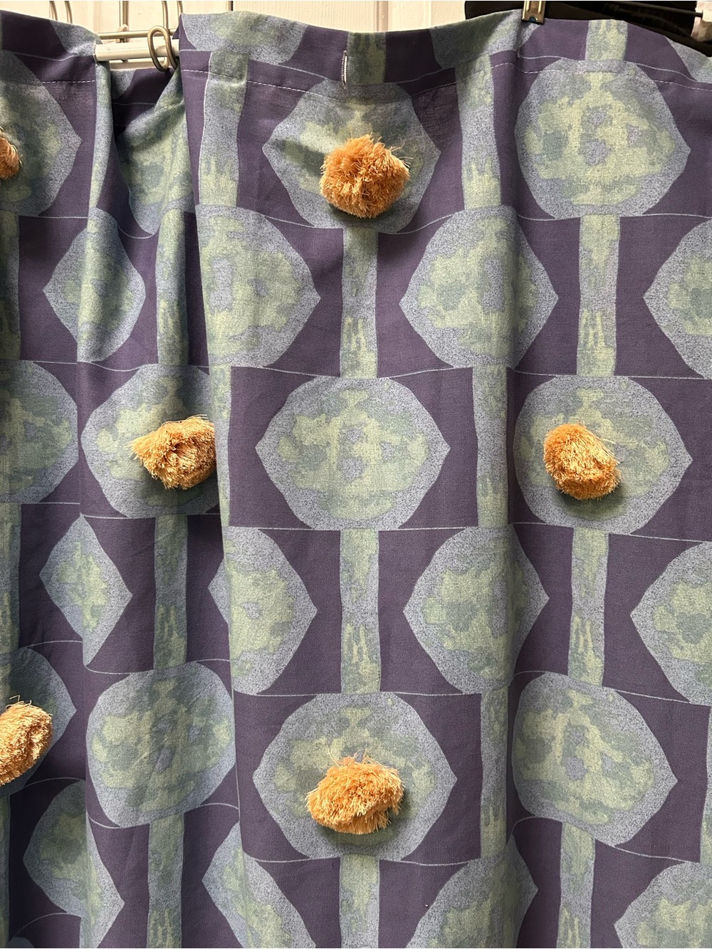 Blue Geometric Shower Curtain w/Tan Pom-Poms thru-out + blue fringe hem. So cute - Picture 2 of 6